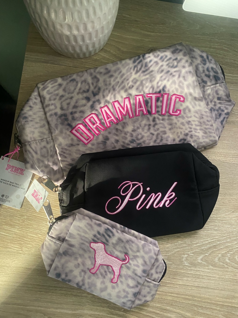 PINK Victoria's Secret Trio Set - Black & Gray Leopard Cosmetic Bags